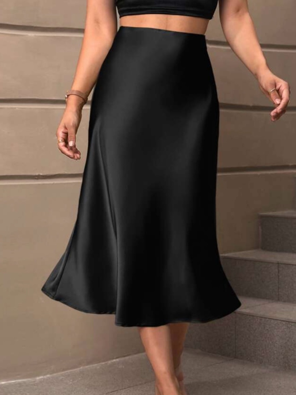 SHEIN Black Satin Midi A-Line Skirt